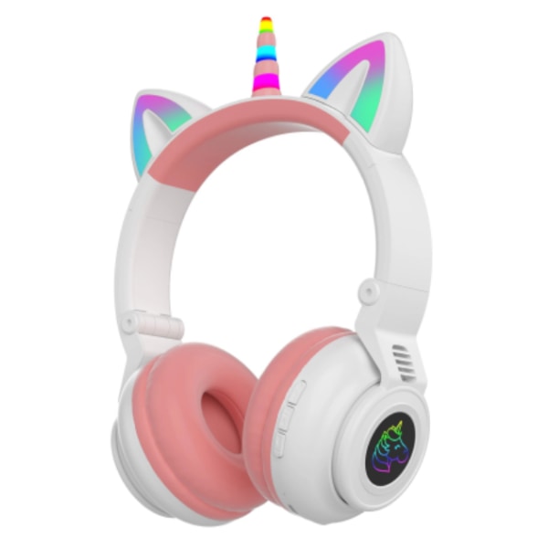 Söta Tecknade Cattöron Skinande Trådlös Subwoofer Unicorn Headphone Bluetooth Headset (rosa Vit)