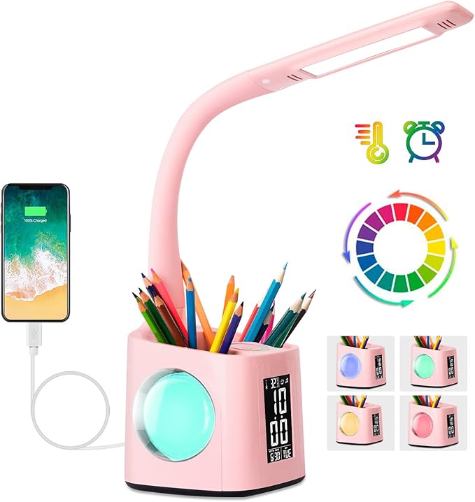 Pinkfarbene Led-schreibtischlampe Für Kinder, 3 Helligkeitsstufen, Eingebauter Wecker, 256 Rgb-farben-nachtlicht, Wiederaufladbarer Usb-anschluss.