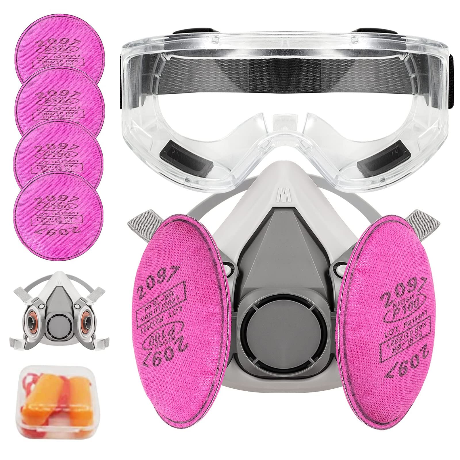 Masque Respiratoire Réutilisable Demi-visage Avec 4 Filtres 2097,lunettes De Protection Et Bouchons D'Oreille Pour Peinture,poussière,chimique,résine Époxy,coupe,polissage - Rouge