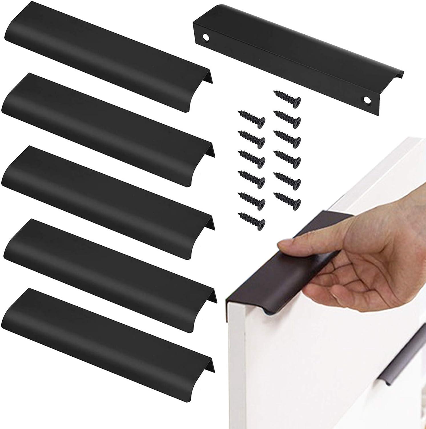 Lot De 6 Poignées De Meuble, Poignées De Porte Encastrées Noir Mat De 128 Mm, Profilé En Aluminium, Poignée Intégrée Pour Tiroirs Et Placards De Cuisine.