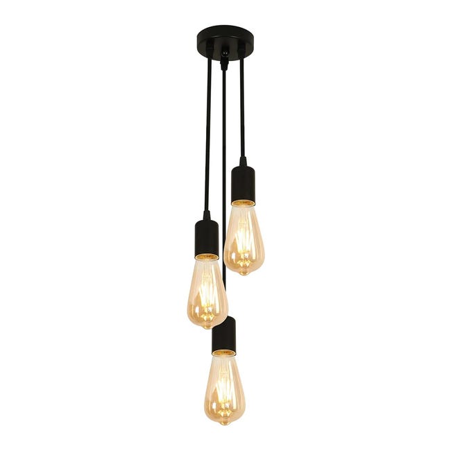 Goeco Lustre Industriel Et Vintage 3 Douilles Suspension Pour Salon Chambre À Coucher Salle À Manger Bureau Bar Café Noir E27 Base
