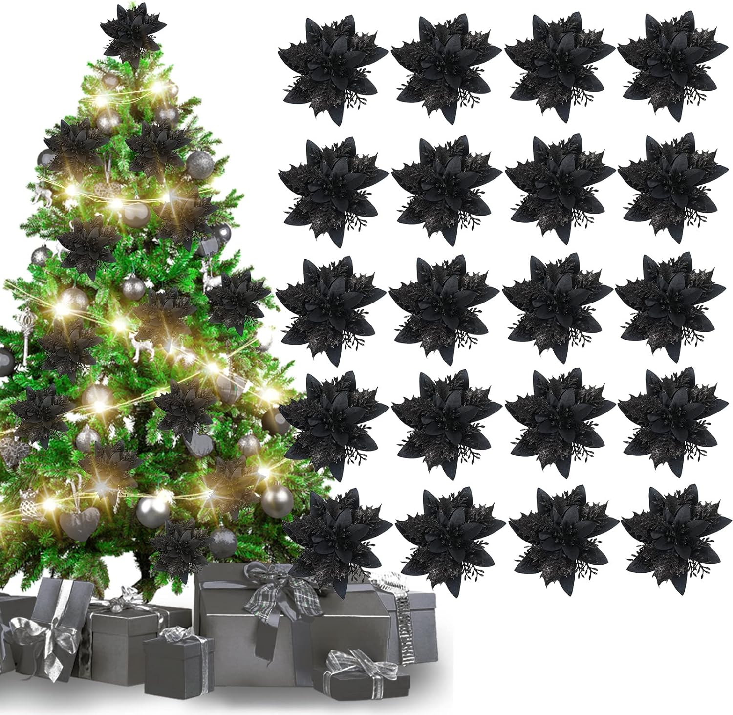 20 Poinsettias Noirs De Noël (14 Cm) À Paillettes, Fleurs Artificielles, Avec 20 Pinces Métalliques Pour Décorer Sapin, Couronnes, Guirlandes Et Fêtes.