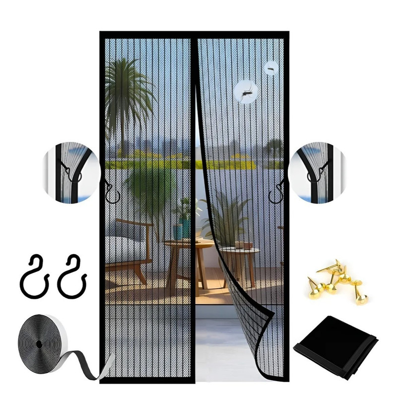 Moustiquaire Magnétique Pour Porte Et Fenêtre 85x190cm– Maille Ultra Fine Et Très Dense, Aimants Puissants, Fermeture Automatique, Version Avec Crochets – Noir