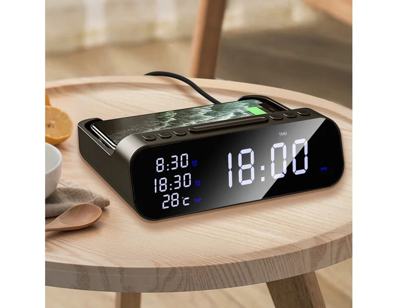 Réveil De Bureau Avec Chargeur Sans Fil Led 4 En 1 De 15 W Pour Téléphone - Noir