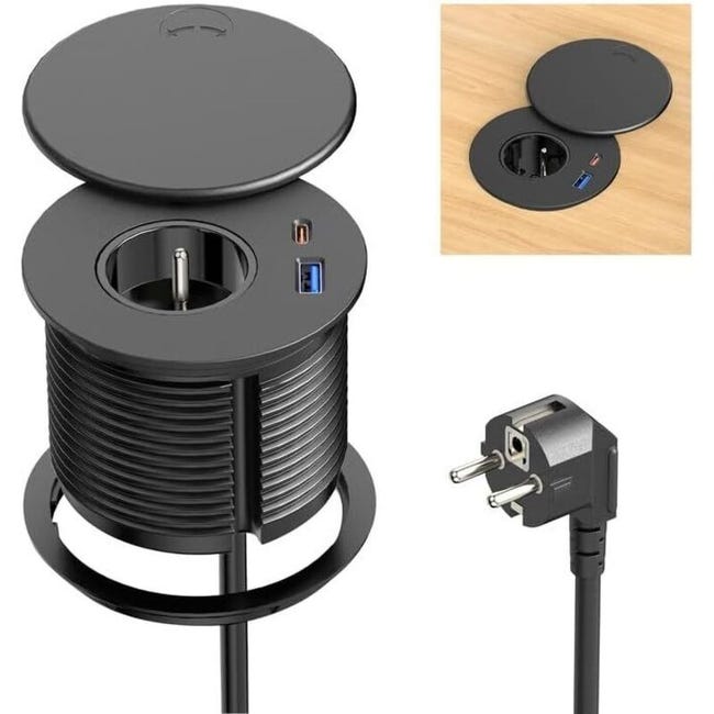 Prise Encastrée Avec Usb-c Pd 20 W, Multiprise Rétractable Avec Couvercle, Ports Usb A Et C, Câble De 2 M, Prise De Bureau Noire (sku Produit : 97444362 Sku Offre : Mwj25.9.17-17)