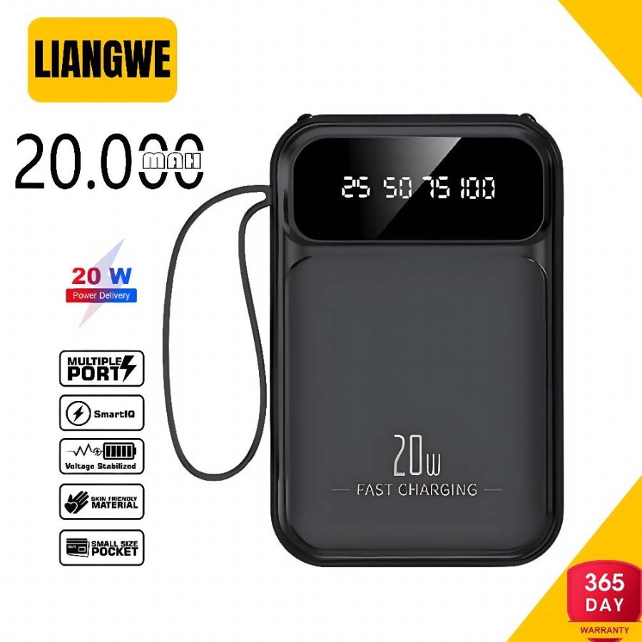 Batterie Externe 20 000 Mah Mini À Charge Rapide Avec 4 Câbles Et Indicateur Led De Données - Noir