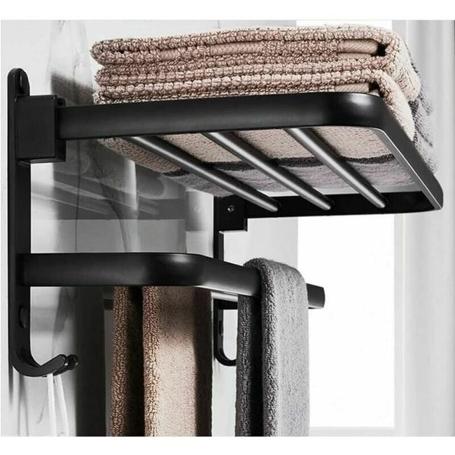 Wandmontierter Handtuchhalter Aus Aluminium, Faltbar, Mit Ablagefläche, Wandmontage, Schwarz, 40 Cm