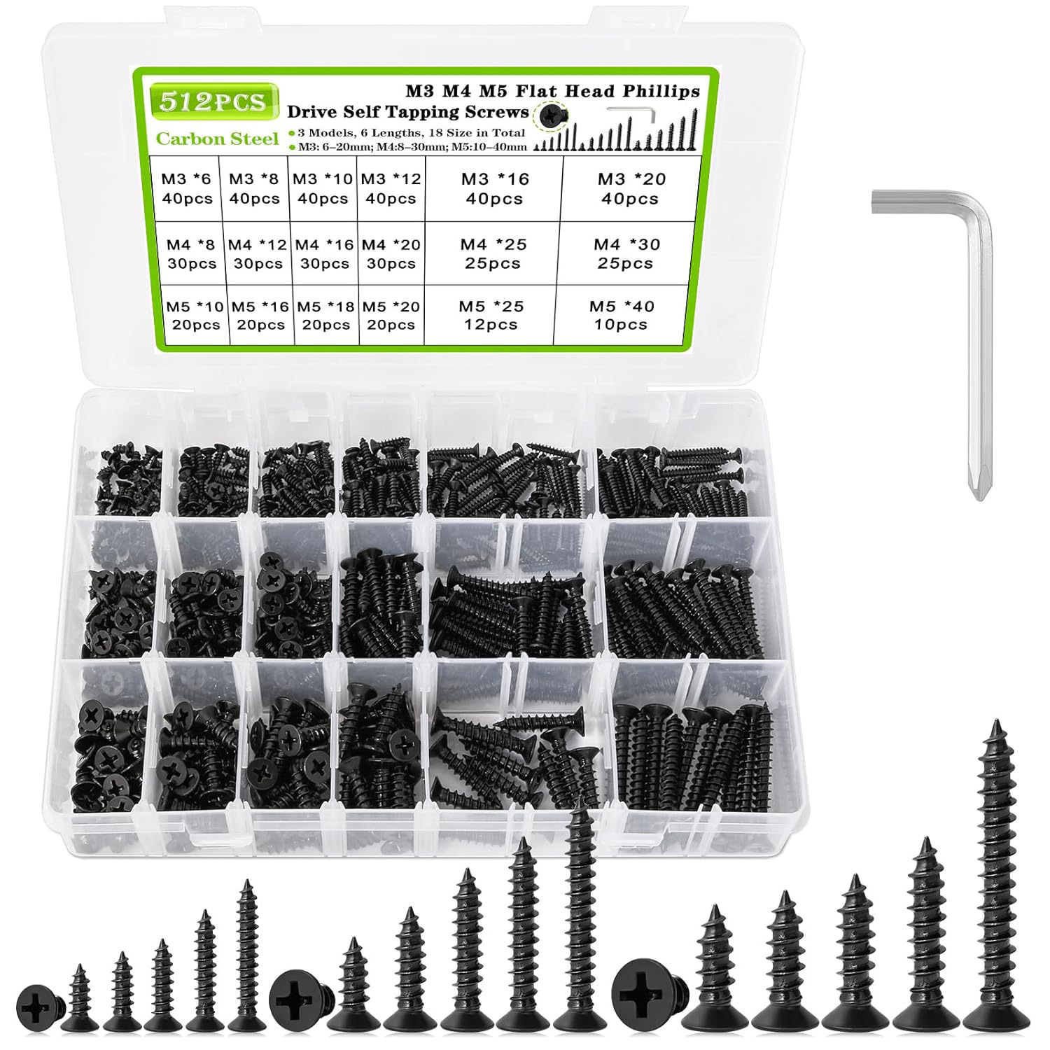 Packung Mit 512 Selbstbohrenden Phillips-schrauben Mit Gewölbtem Kopf, Schwarz, Größen M3 M4 M5, Ideal Für Holz Und Dünnes Blech.