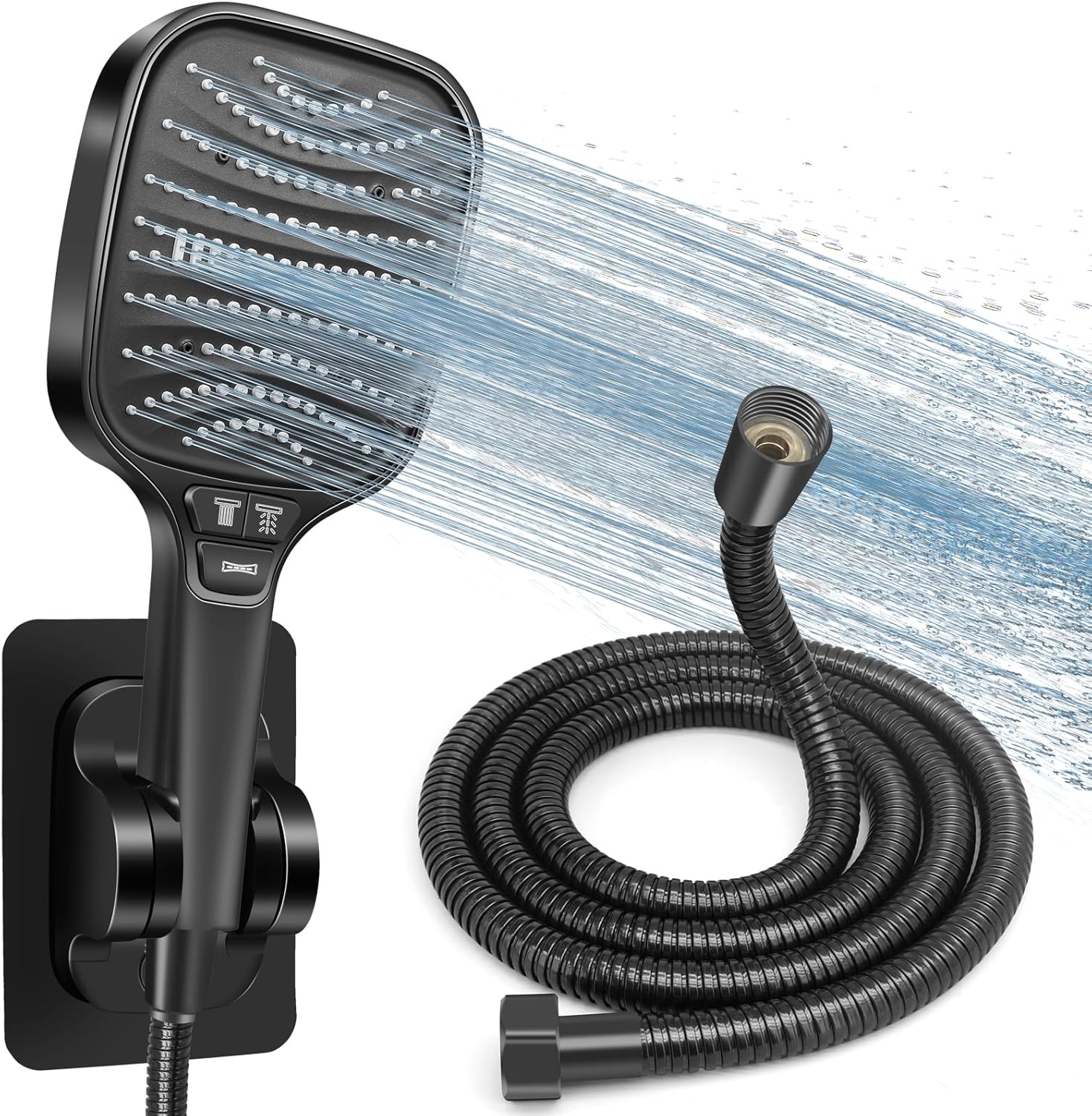 Hochdruck-duschkopf Mit Anti-kalk-funktion, 120 Mm Duschkopf Mit 8 Funktionen + 1,5 M Edelstahl-schlauch + Klebemontage Ohne Bohren, Wassersparset Fürs Badezimmer (schwarz)