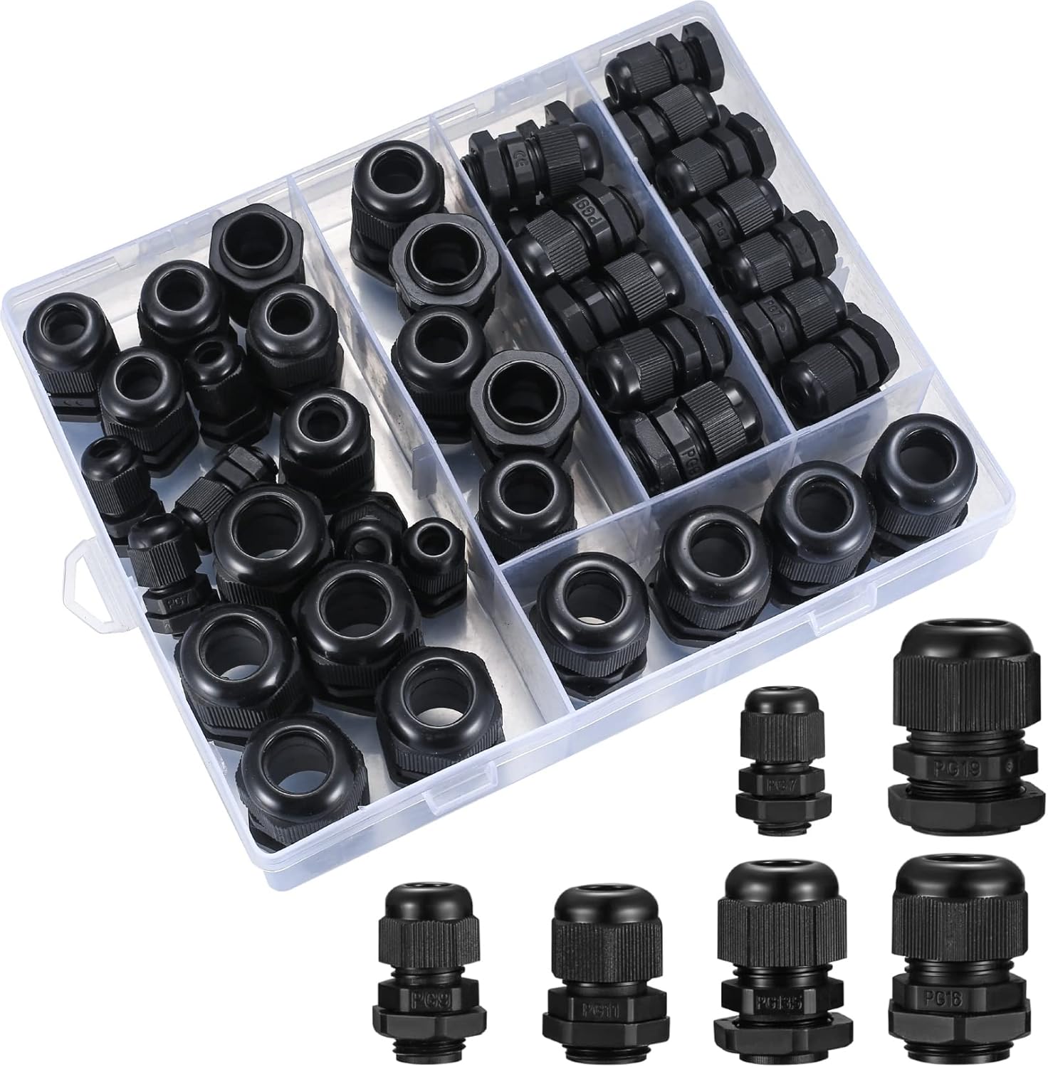Packung Mit 50 Wasserdichten Ip68-kabelverschraubungen, Verstellbaren Kabelverschraubungen Mit Kontermutter - Pg7/9/11/13,5/16/19 (schwarz)