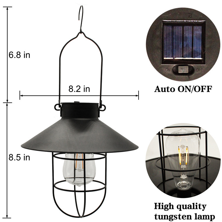 Hängende Led-solar-gartenleuchte, Schwarz, Große Wolfram-glühlampe Mit S-haken