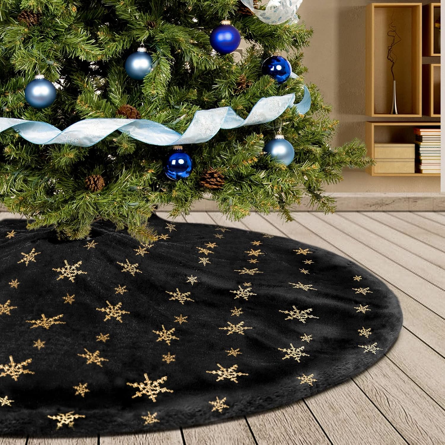 Schwarzer Weihnachtsbaumrock 90 Cm, Weicher Plüsch Mit Glitzernden Goldflocken, Leuchtendes Fell, Festliche Dekoration Für Den Fuß Des Baumes (schwarz, 88,9 Cm)