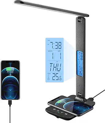 10-w-kabellose, Wiederaufladbare Schreibtischlampe Mit Usb-anschluss, Uhr Und Wecker, Datums- Und Temperaturanzeige, Faltbar, Schwarz