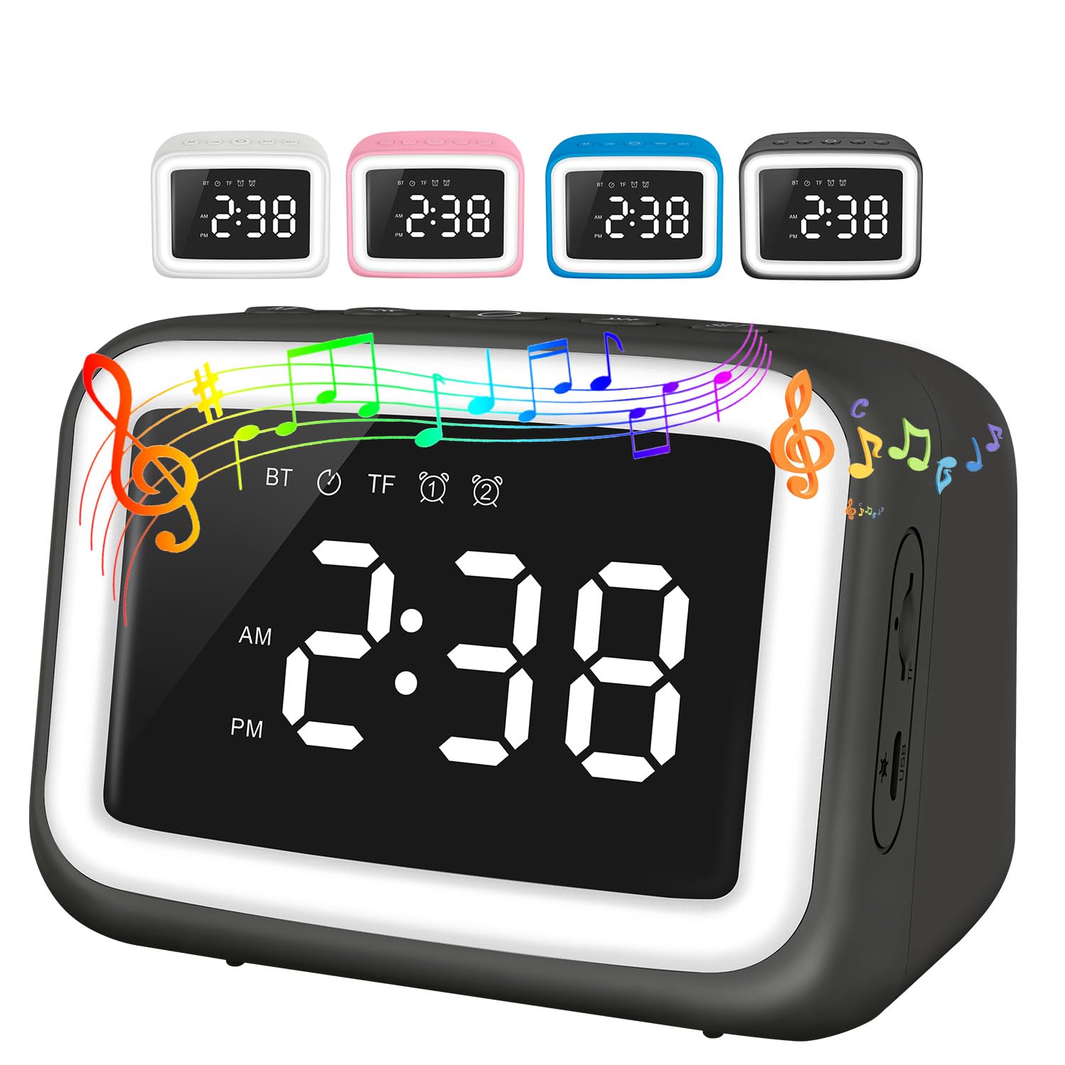 Bluetooth-kinderwecker Mit Lautsprecher, Digitaler Doppelweckfunktion, Dimmbarem Led-nachtlicht, Schlummerfunktion Und Timer, Fürs Jugendzimmer, Schwarz