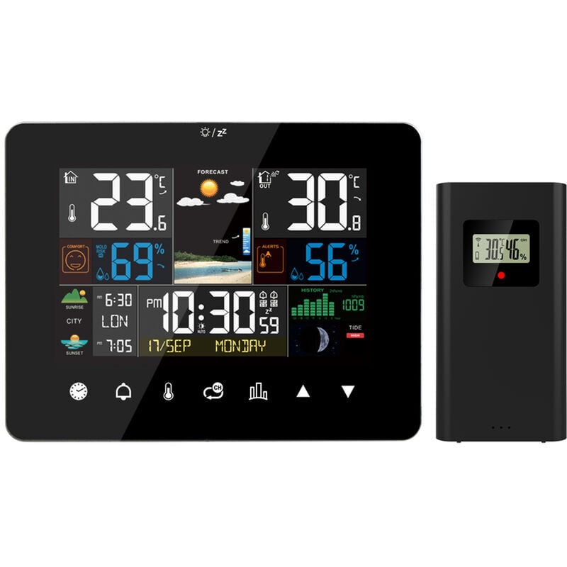 Wetterstation Mit Sonnenaufgangs-/sonnenuntergangsfunktion, Multifunktionswecker, Thermometer Und Hygrometer, Touchscreen, Drahtlosem Außensensor, Schwarz