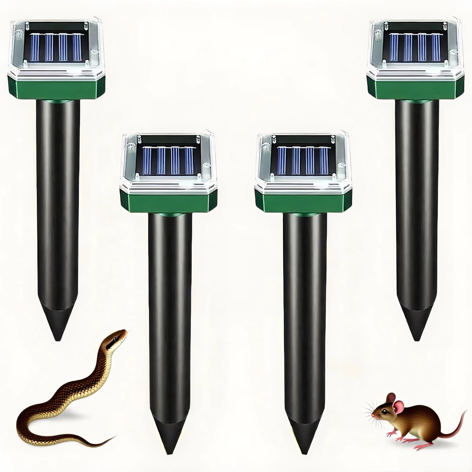 Set Mit 4 Solarbetriebenen Nagetierabwehrgeräten – Solarvibrator Für Gärten, Außenabwehr Gegen Ratten, Schlangen, Wühltiere Und Maulwürfe – 6 X 6 X 26 Cm – Schwarz