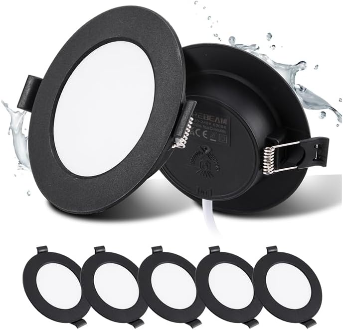 Lot De 5 Spots Led Encastrables, 7w, Noir, Spot Salle De Bain, Ultramince 30 Mm, Blanc Froid 6000k, Trous Ø75-80mm, Ac 220v-240v