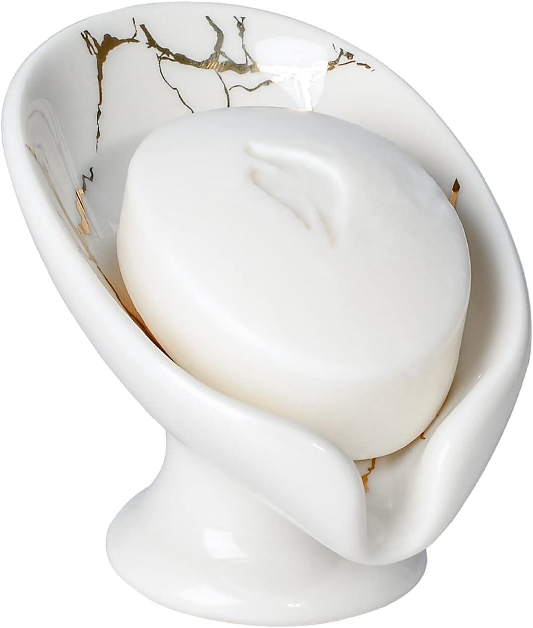 Porte-savon En Céramique, Porte-savon Feuille Auto-drainant, Aspect Marbre, Porte-savon Blanc Pour Salle De Bain, Facile À Nettoyer, Garde Le Savon Au Sec, Anti-humidité.