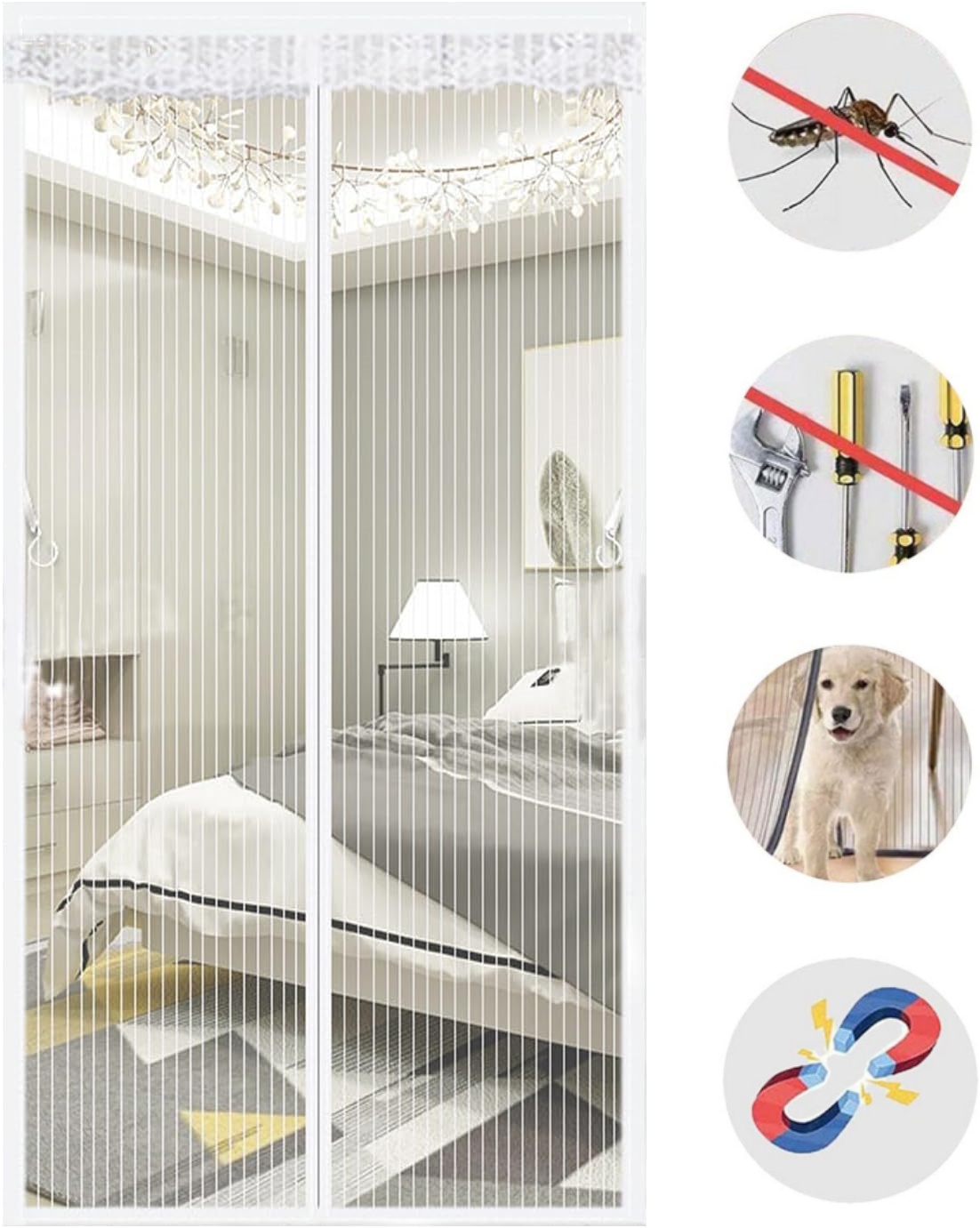 Moustiquaire Magnétique Sur Mesure, Fermeture Autobloquante Sans Ouverture, Moustiquaire Magnétique À Mailles Fines Avec Crochet Latéral, Blanche