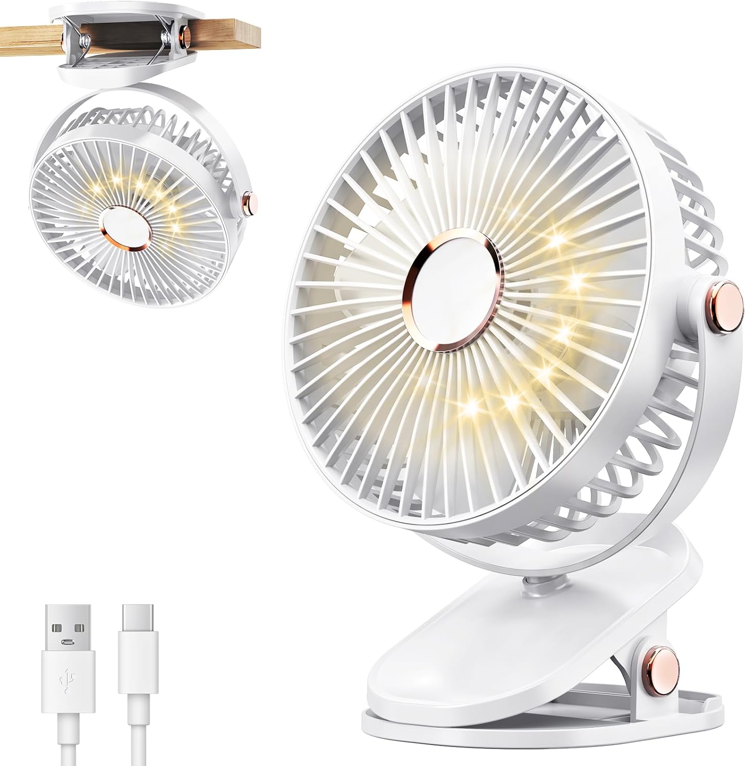 Ventilateur Portable Avec Éclairage Led, 4 Vitesses, Rotation 720°, Silencieux Et Rechargeable, 6 Pouces (blanc)