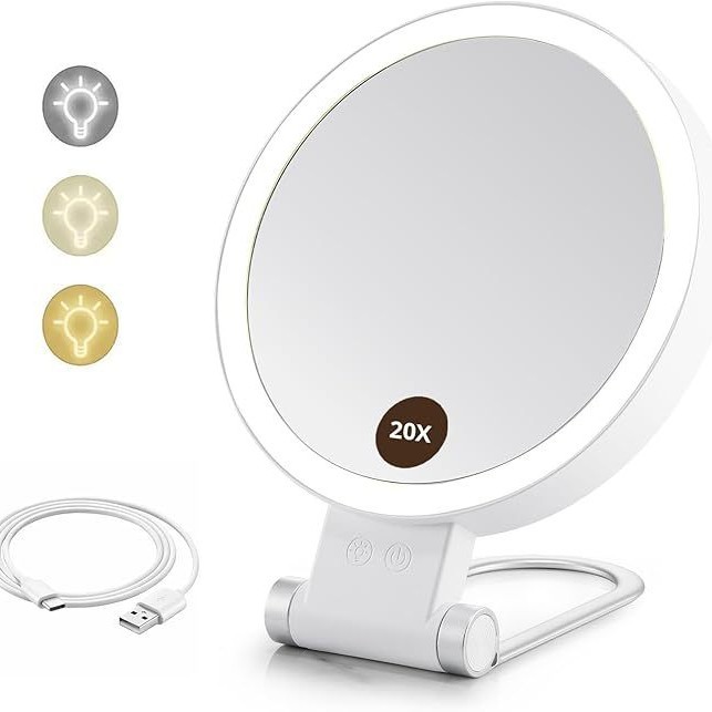 Beleuchteter Kosmetikspiegel, 20-fache/1-fache Vergrößerung, Doppelseitig, 3-farbige Led-beleuchtung, 1000-mah-usb-akku Mit Clip, Wandhalterung, Hochglanzweiß