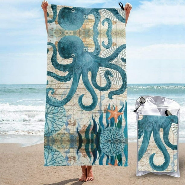 Schnelltrocknendes Strandtuch Mit Oktopus-ozeankarte, Tragbares Badetuch Für Reisen, Schwimmen, Outdoor-sportarten, Für Männer, Frauen Und Kinder, Weiß, 80 X 160 Cm