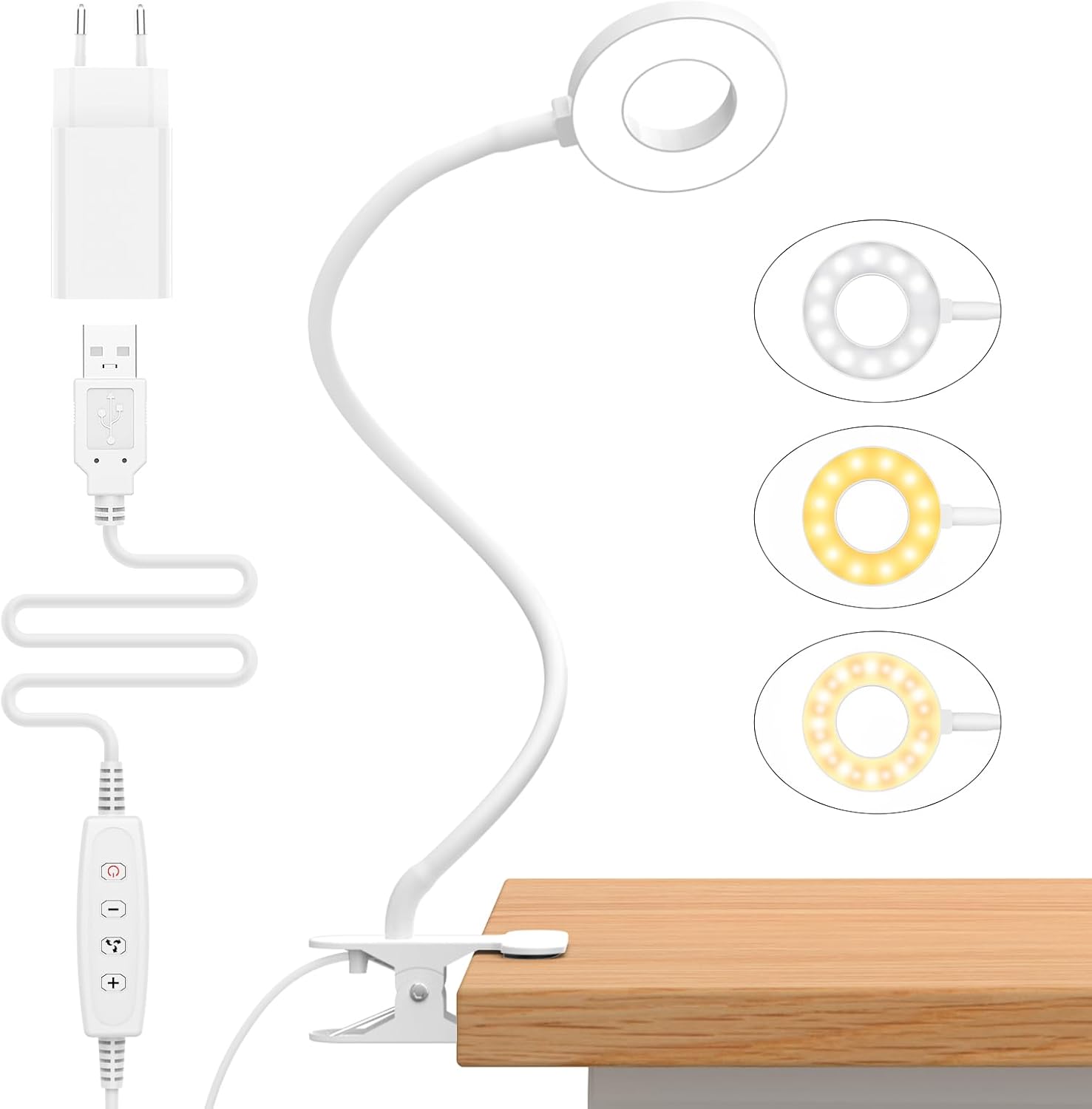 40 Cm Led-schreibtischlampe (10 W) Mit Klemme, Usb-adapter, 360° Flexiblem Hals, Zum Anklemmen, Leselampe, Beleuchtung Für Homeoffice, Weiß
