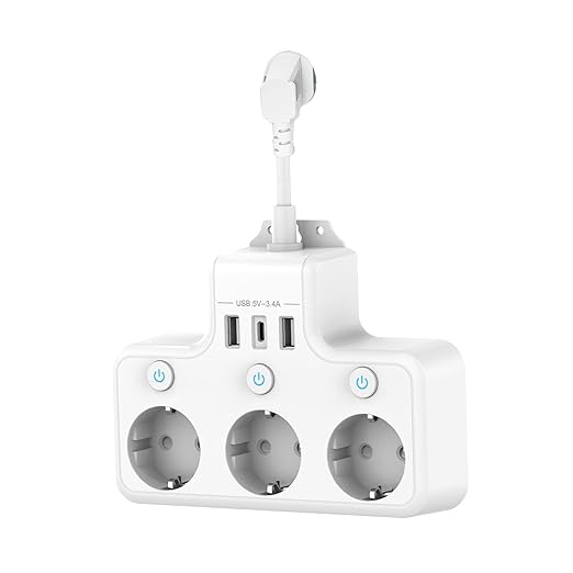 Mehrfachsteckdose Mit Einzelschalter, 3-fach Steckdosenleiste Mit 3 Usb-anschlüssen (inkl. Usb-c), 0,1 M Kurzes Netzkabel, Mehrfachladegerät Für Küche Und Büro, Weiß