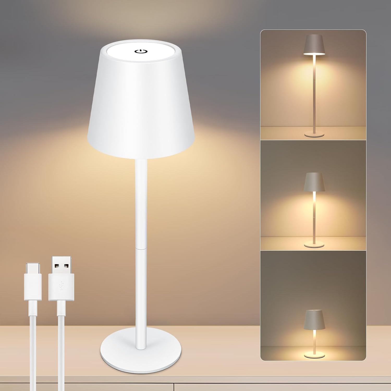 Tragbare, Wiederaufladbare Led-lampe, Berührungsempfindliche Beleuchtung Mit 3 Farbtemperaturstufen, Kabellose Dimmfunktion, Usb-c-anschluss, Wasserabweisend (ip54), Weiß, Schutzklasse F