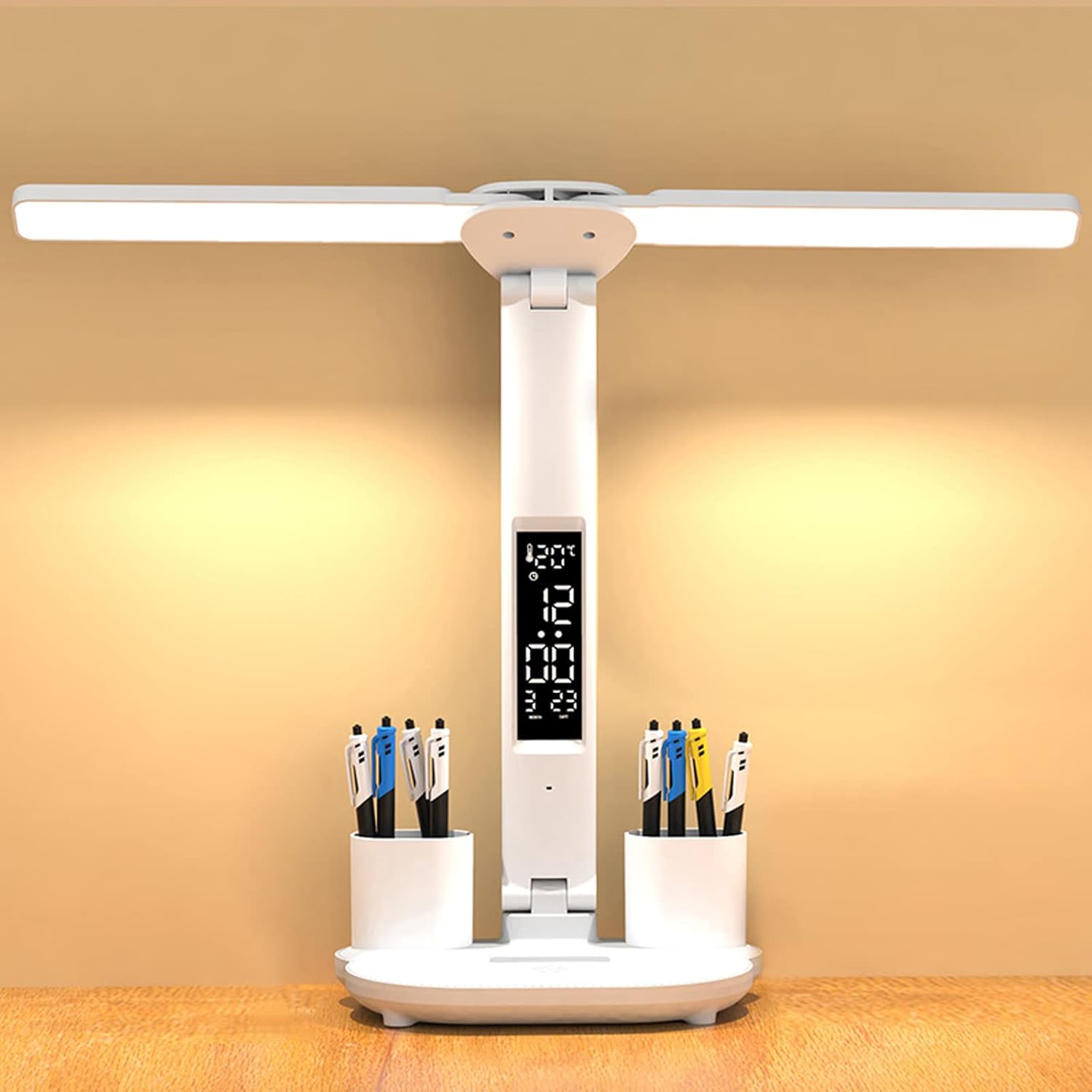 Wiederaufladbare Led-schreibtischlampe Mit Usb-anschluss, Anzeige Von Uhrzeit, Datum Und Temperatur, Integrierter Stifthalterung, 7 W, 3 Farben, Touch-bedienung, Weiß