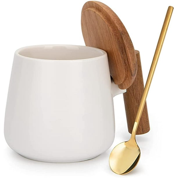 Weißer Keramikbecher, Ideal Als Kaffeetasse Oder Teebecher Für Büro Und Zuhause, 400 Ml (14 Oz) Mit Holzdeckel Und Goldenem Löffel