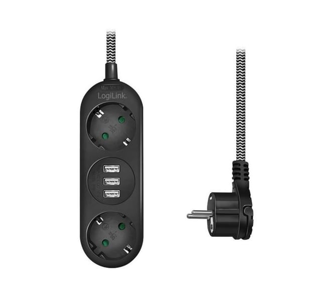 LOGILINK LPS262U - Steckdosenleiste, 2-fach, 1,5m, 3x USB, Textilkabel