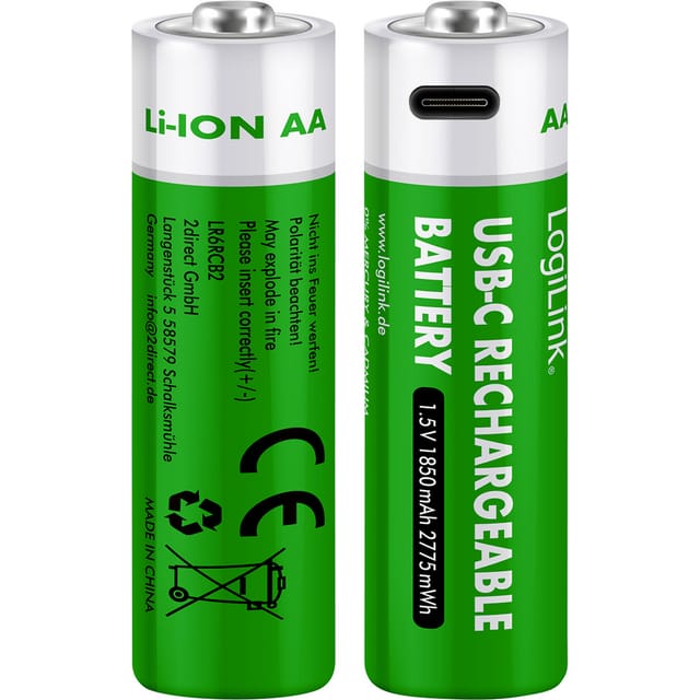 LOGILINK LR6RCB2 - Li-Ion-Akku, AA (Mignon), 1850 mAh, 1,5 V, 2er-Pack