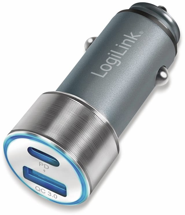 LOGILINK PA0252 - USB-Ladegerät, 36 W, 1x USB-C PD, 1x USB-A QC, Kfz, grau/silber