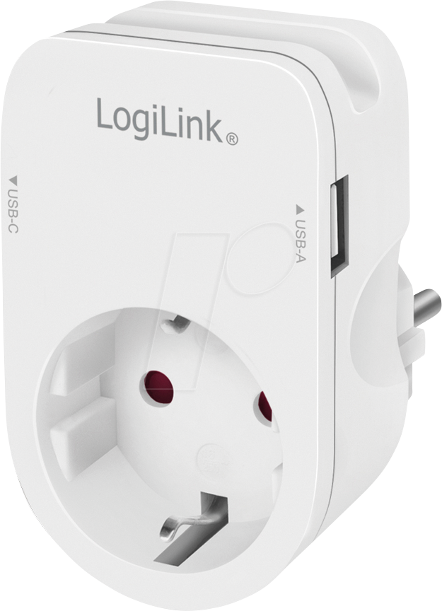 LOGILINK PA0259 - Steckdosenadapter mit Ablegehalterung, 1x USB-A, 1x USB-C