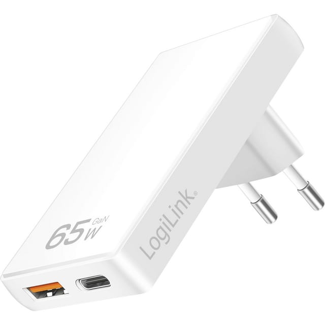 LOGILINK PA0368 - USB-Ladegerät, 65 W, 1x USB-A 1x USB-C (PD), 90°, Weiß