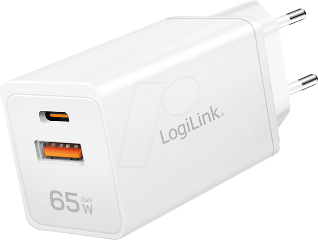 LOGILINK PA0371 - USB-Ladegerät, 65 W, 1x USB-C PD, 1x USB-A QC, GaN, weiß