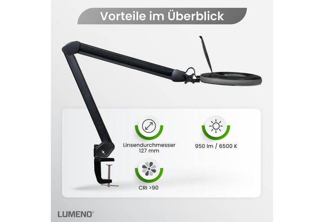 LUMENO 7213SWIII - Lupenleuchte, LED, Ø 125 mm Echtglaslinse, 3 Dioptrien, schwarz