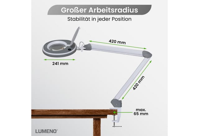 LUMENO 8215GR - Lupenleuchte, LED, Ø 127 mm Echtglaslinse, 5 Dioptrien, dimmbar