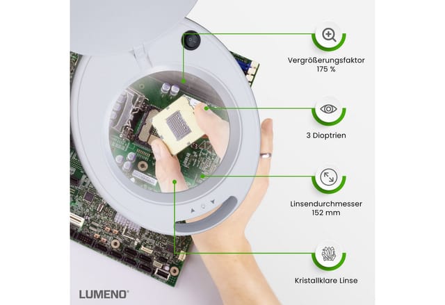 LUMENO 8513GR - Lupenleuchte, LED, Ø 152 mm Echtglaslinse, 3 Dioptrien, dimmbar