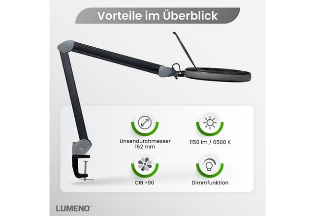 LUMENO 8513SW - Lupenleuchte, LED, Ø 152 mm Echtglaslinse, 3 Dioptrien, dimmbar,