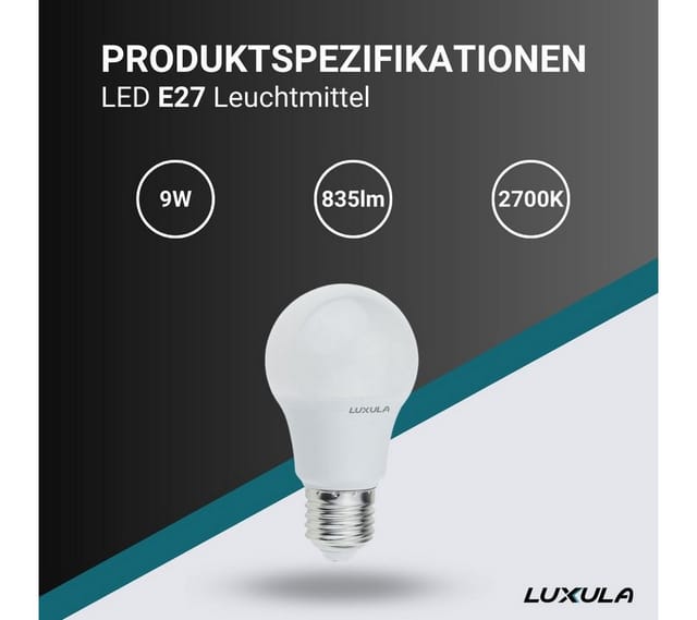 LUXULA LX100100 - LED Lampe E27, 9W, 835lm, 2700K