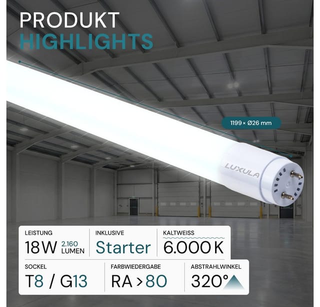 LX-100821 - LED T8 Röhre 120lm/W, 18W, 2160lm, 6000K, 120 cm