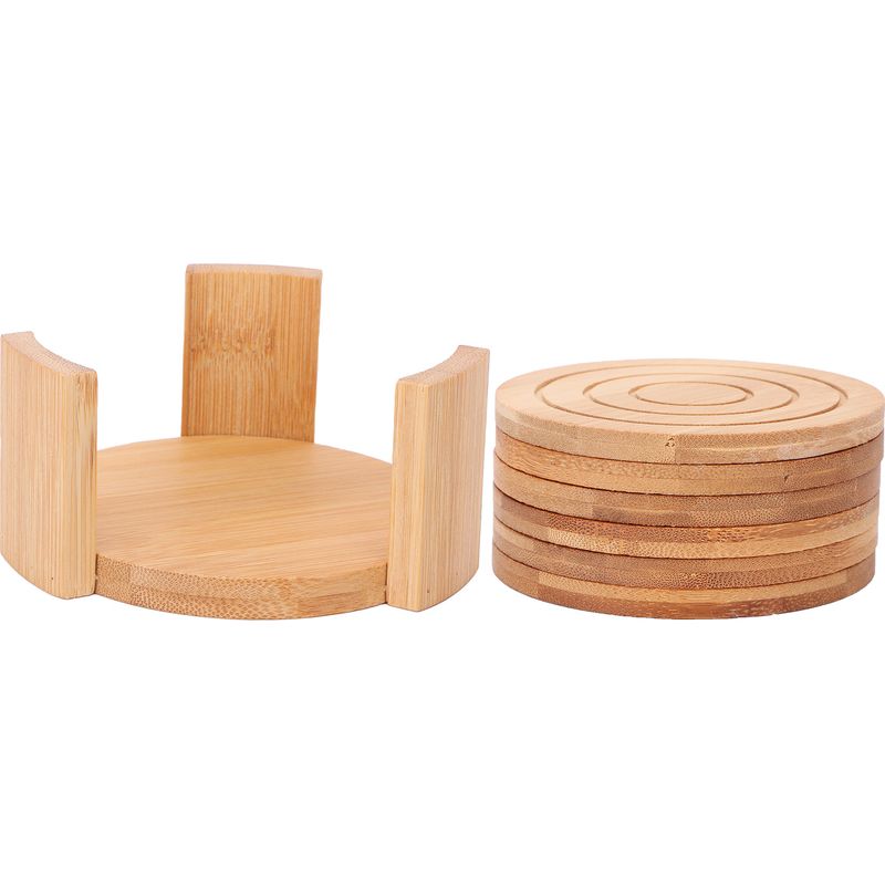 Set Mit 6 Runden Bambusuntersetzern Mit Halterung Für Heiße Und Kalte Getränke. Wohnaccessoires.