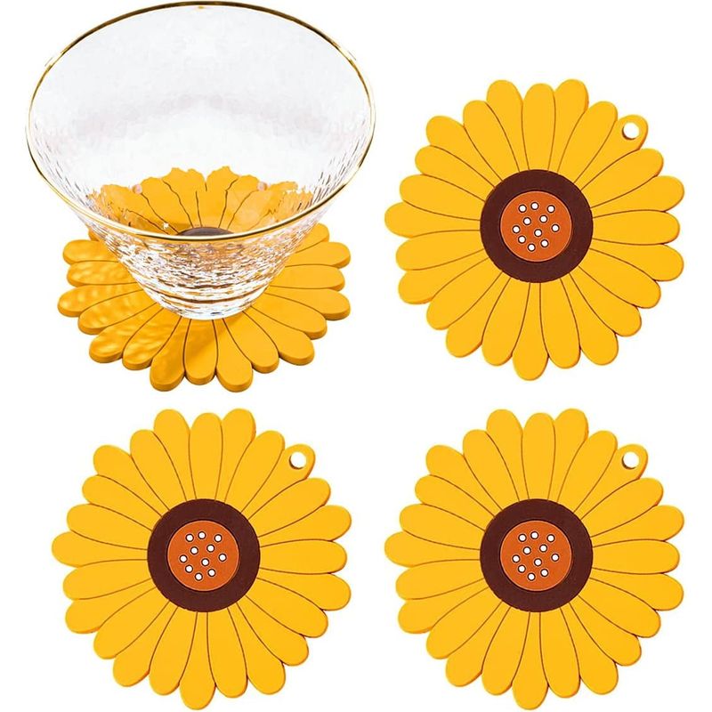 Silikonuntersetzer Mit Sonnenblumenmotiv Für Gläser, Schutz Für Holzschreibtische Oder Zimmerpflanzen, Set Mit 4 Niedlichen Und Originellen Rutschfesten Untersetzern Für Getränke, Für Den Gebrauch Zu