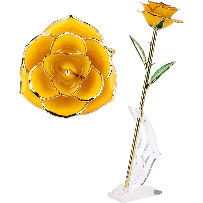 Geschenkset Mit Langstieliger Rose, 24-karätiger Goldveredelung, Transparentem Aufsteller Und Gelber Blüte