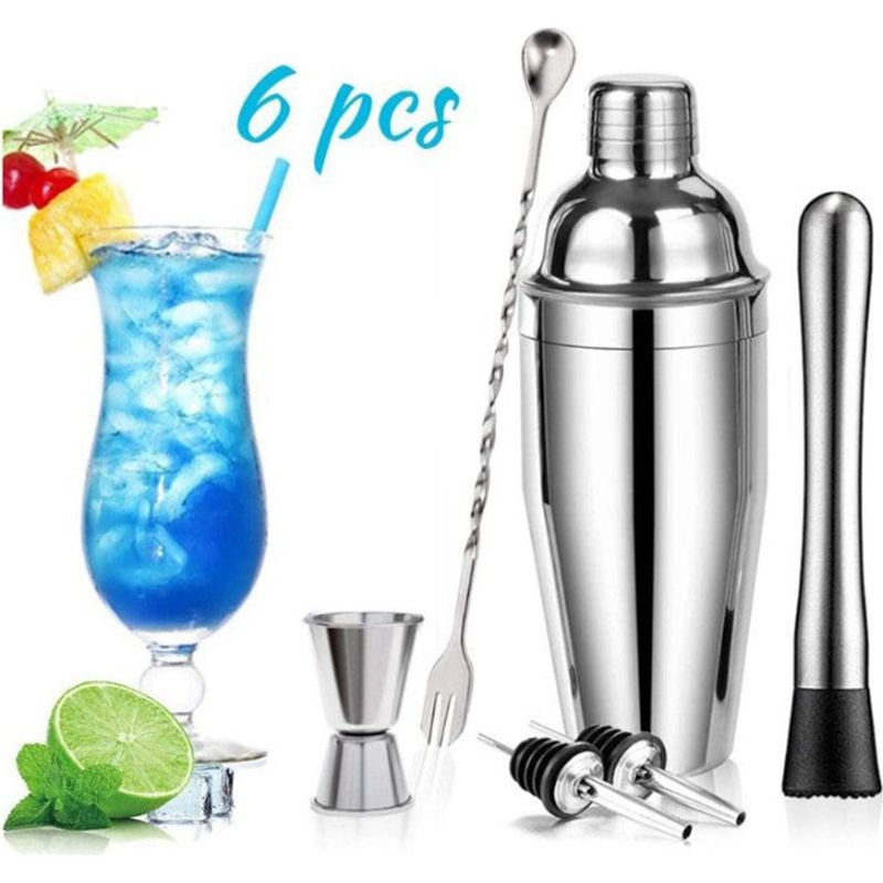 6-teiliges Barset Aus Edelstahl, Bestehend Aus Cocktailshaker, Rührstab Und Cocktailbesteck.