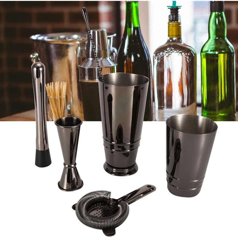 5-teiliges Set Im Boston-stil Aus Schwarzem Edelstahl: Cocktailshaker, Messbecher, Sieb Und Rührlöffel.