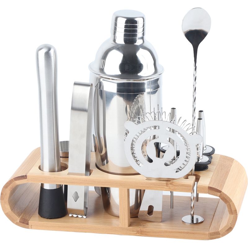 11-teiliges Cocktailset Aus Edelstahl, Shaker, Mixer, Barzubehör Für Martinis, Holzständer