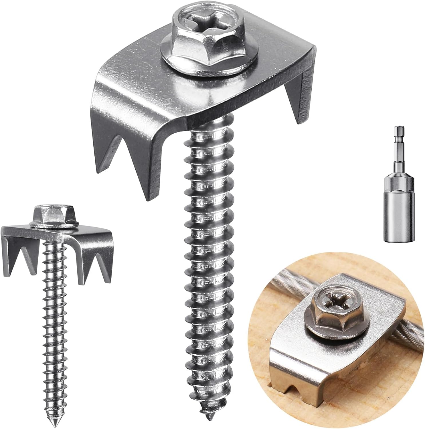 Packung Mit 50 Zaunklammern Aus Edelstahl 304 – 40 Mm – Wiederverwendbare M5,5-holzschrauben Für Drahtgitter- Und Flechtzäune Mit Drahtbefestigung – M8-schraubendreheradapter